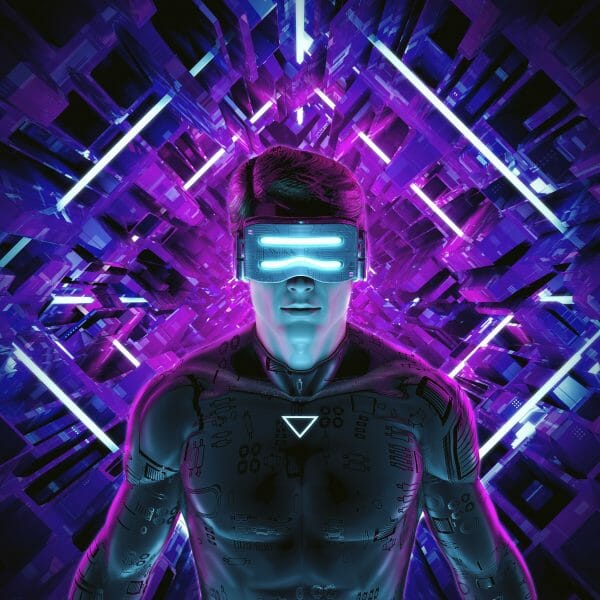 Futuristic photo edit of man wearing a VR headset