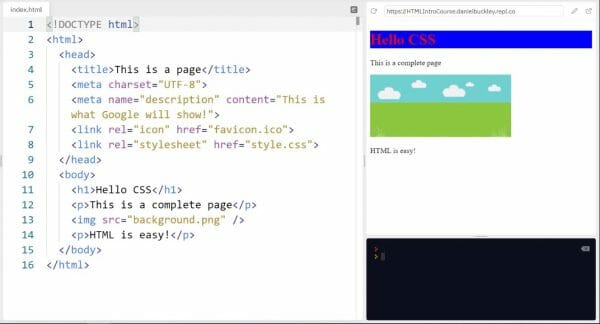 HTML & CSS coding practice with browser displaying results on the right hand side