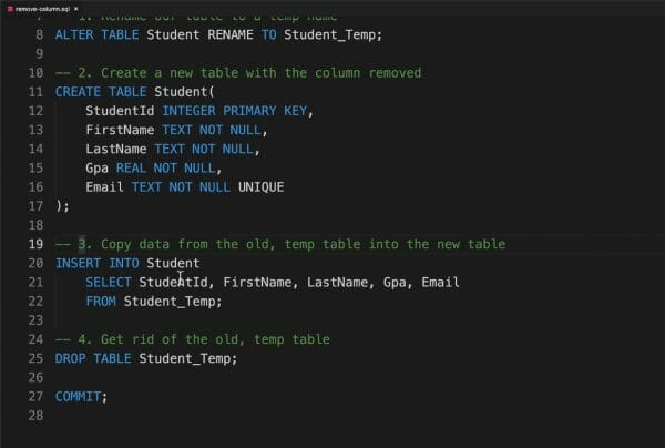 Code for a SQLite relational database