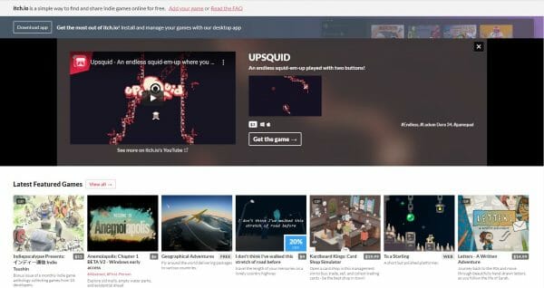 Screenshot of itch.io homepage