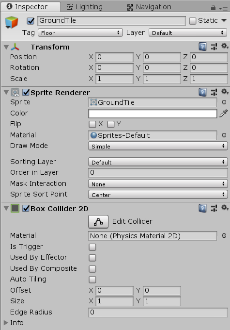 Unity ground tile with Box Collider 2D component added