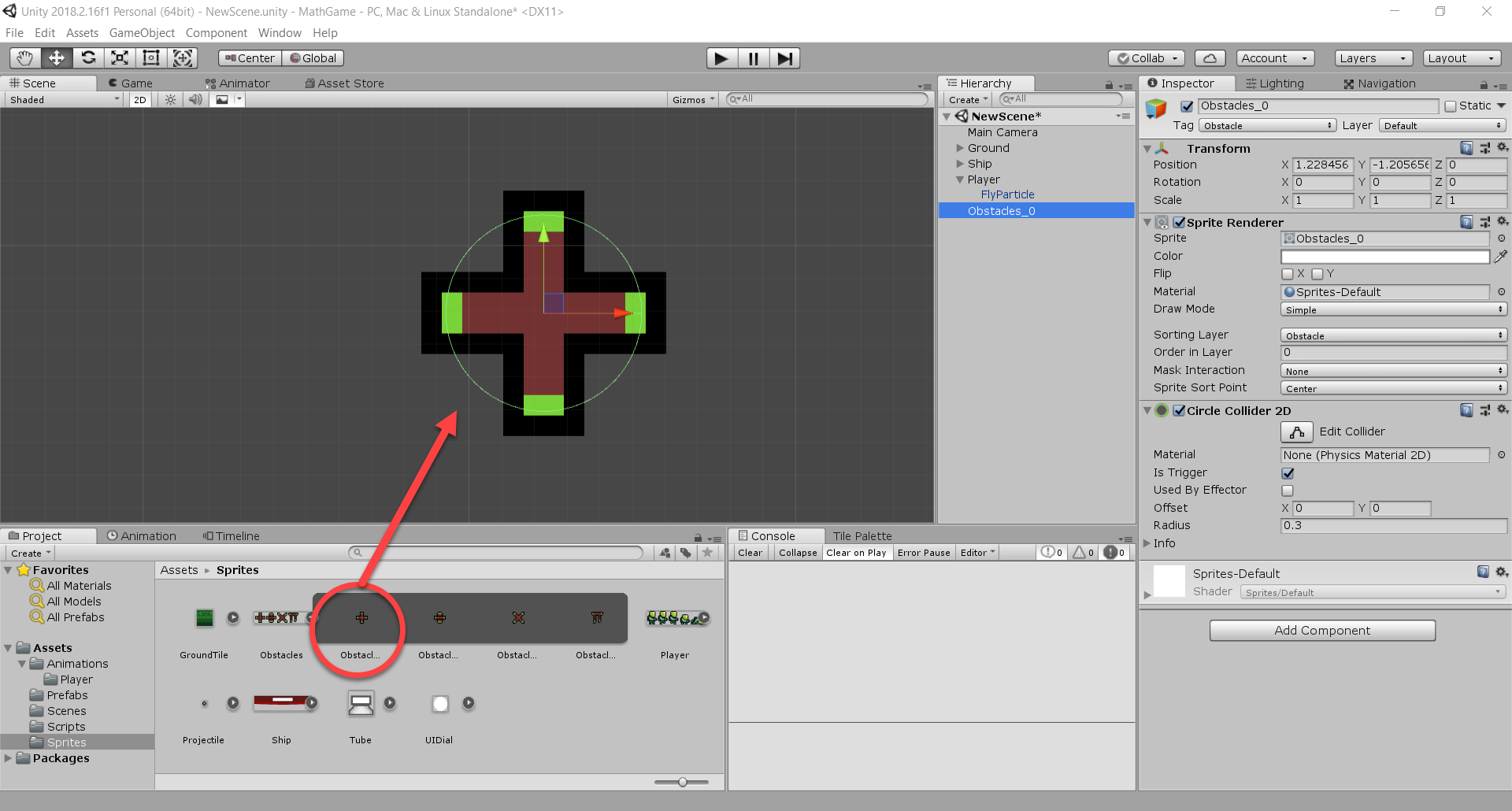 Obstacle sprite with Circle Collider in Unity