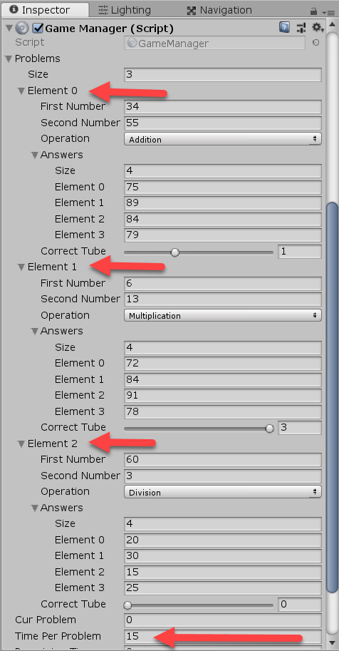 Game Manager Script component with problems array