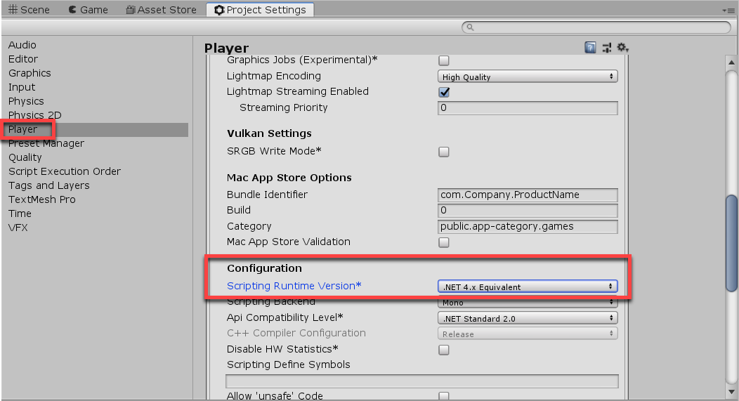 Project Settings in Unity with Player Configuration adjusted