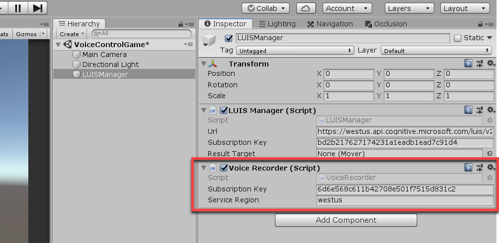 Voice Recorder Script component added to LUIS Manager