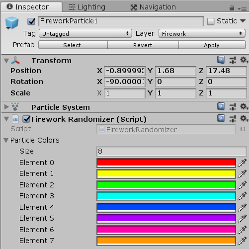 Firework Randomizer Script component in Unity