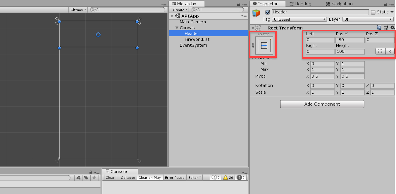 Unity Transform Component for Header