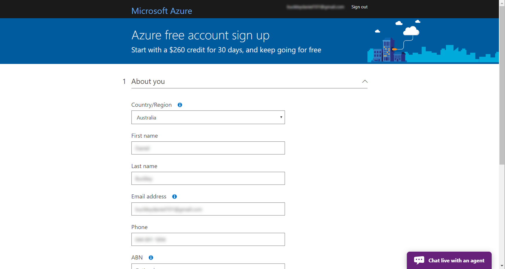 Microsoft Azure sign-up page