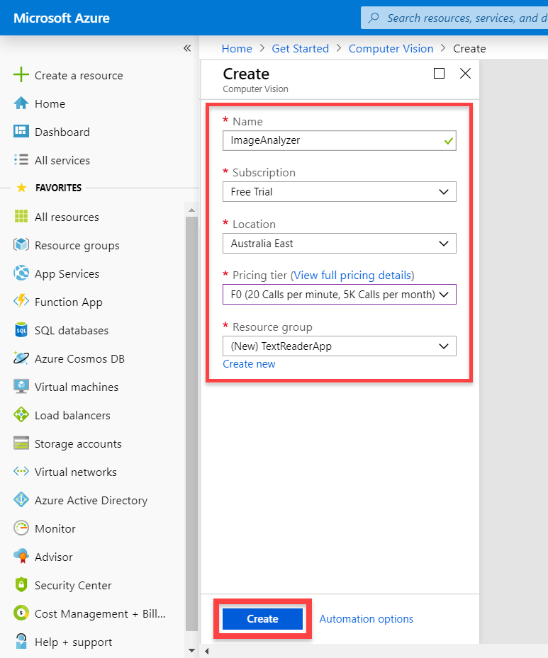 Computer Vision Create service options in Microsoft Azure