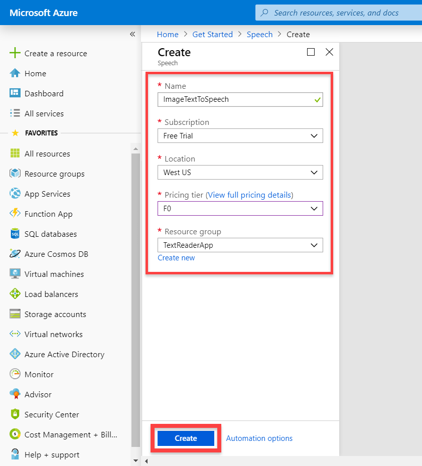 Speech service creation options for Microsoft Azure