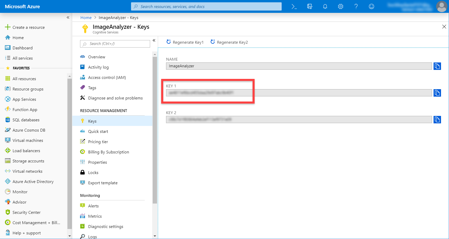 ImageAnalyzer Keys page for Microsoft Azure