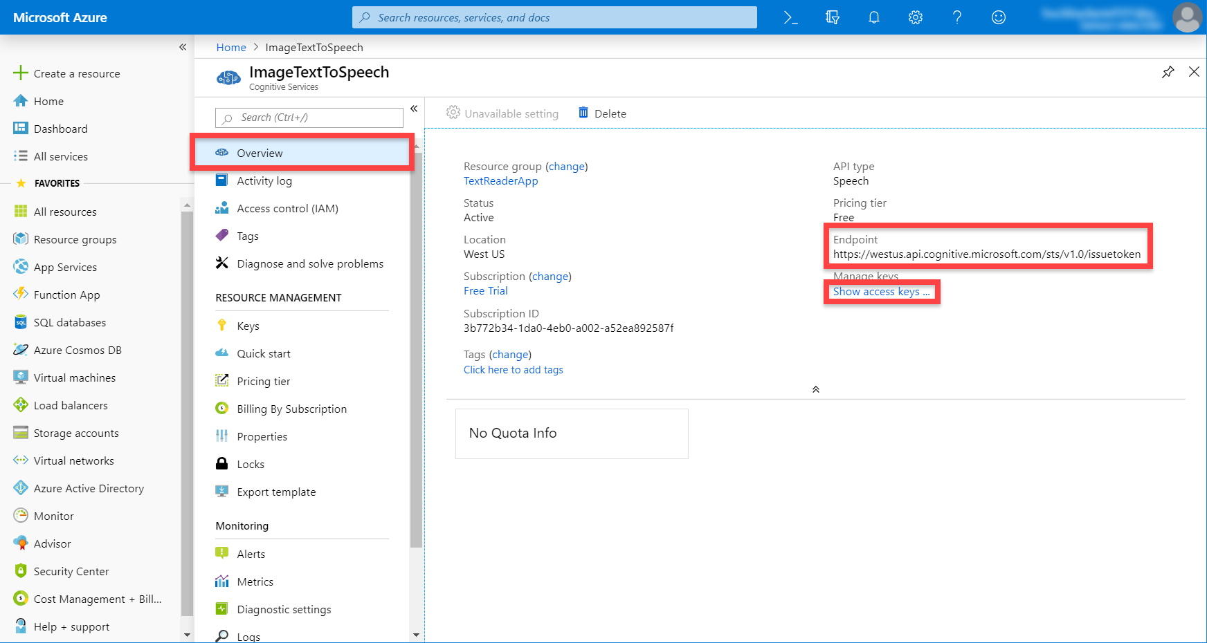 Microsoft Azure ImageTextToSpeech service page