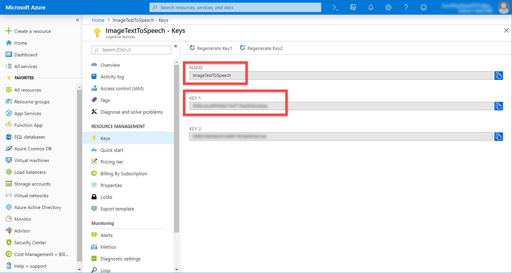 Microsoft Azure ImageTextToSpeech keys