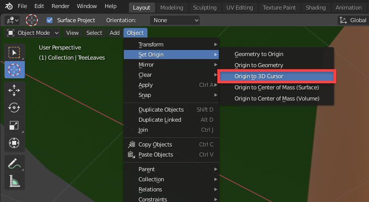 Set origin, origin to 3D cursor.