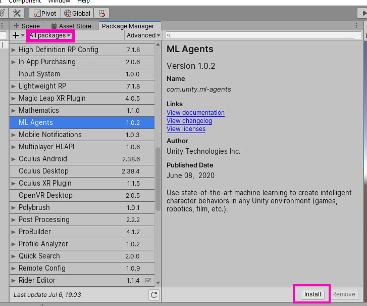 Package manager importing ml agents