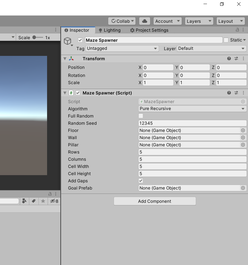 The MazeSpawner Script added onto the maze spawner object