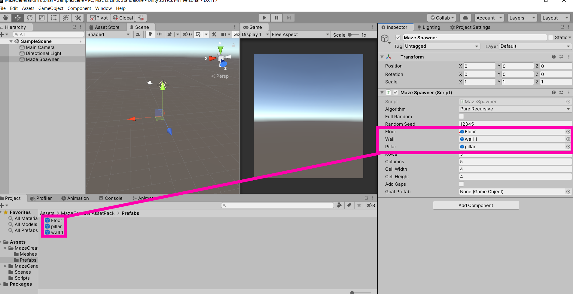 Placing the wall, floor, and pillar prefabs onto the MazeSpawner script