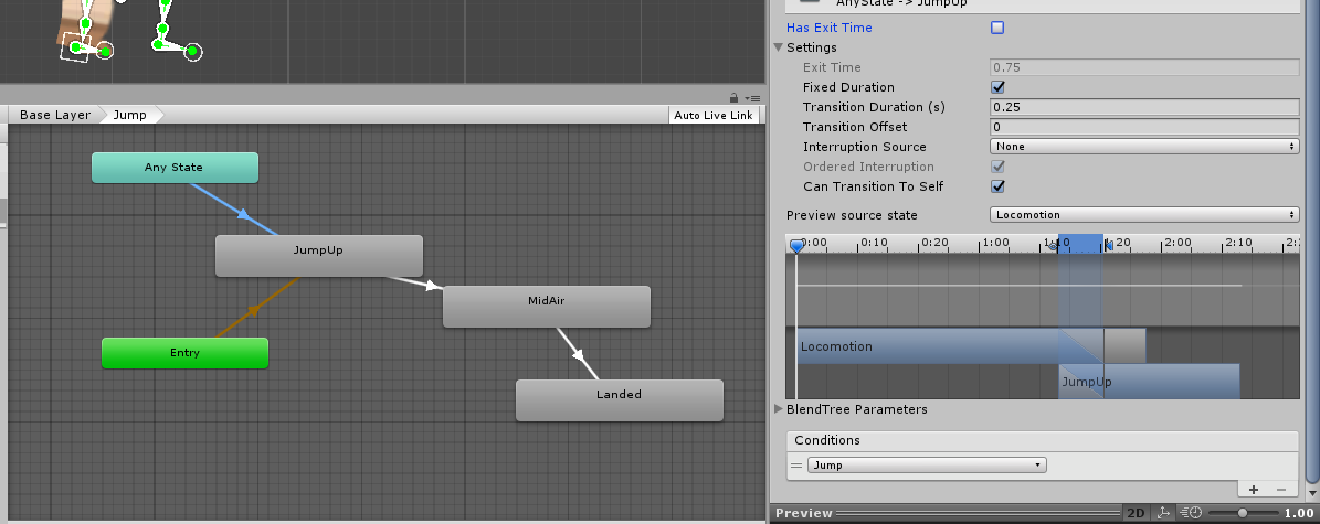 The settings on the Any State -> JumpUp transition