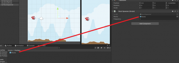 Assigning the prefab to the rocks spawner script