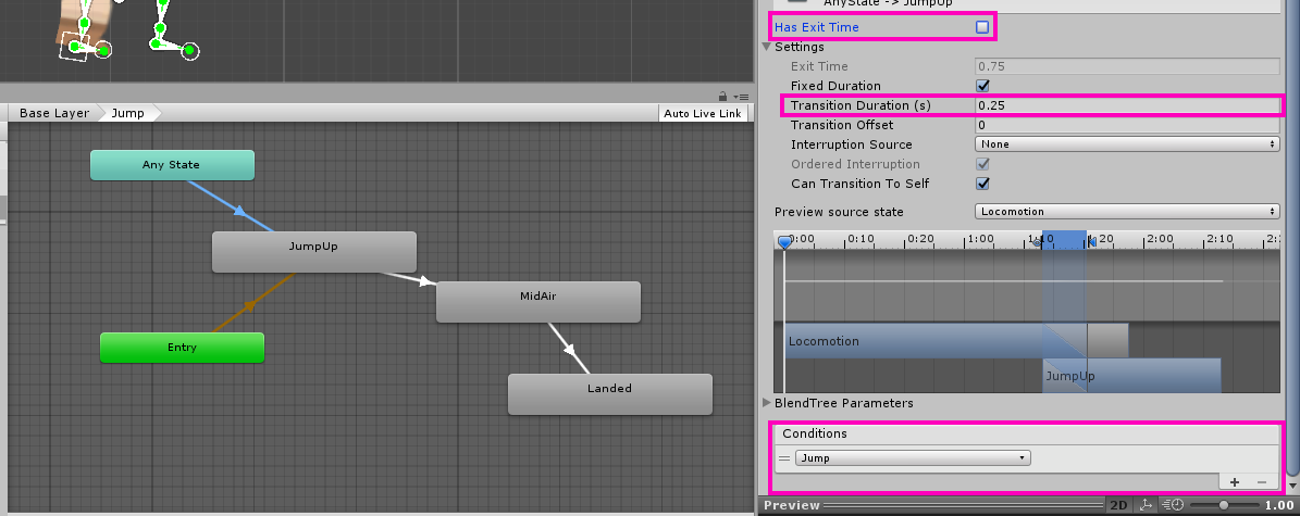 Highlighting the settings on the AnyState -> JumpUp transition