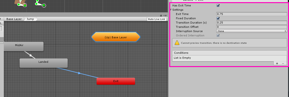 Highlighting the settings on the Landed -> Exit transition