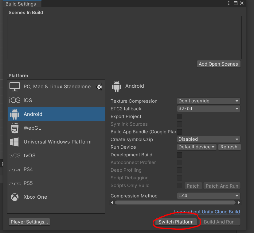 Switching the target platform to Android