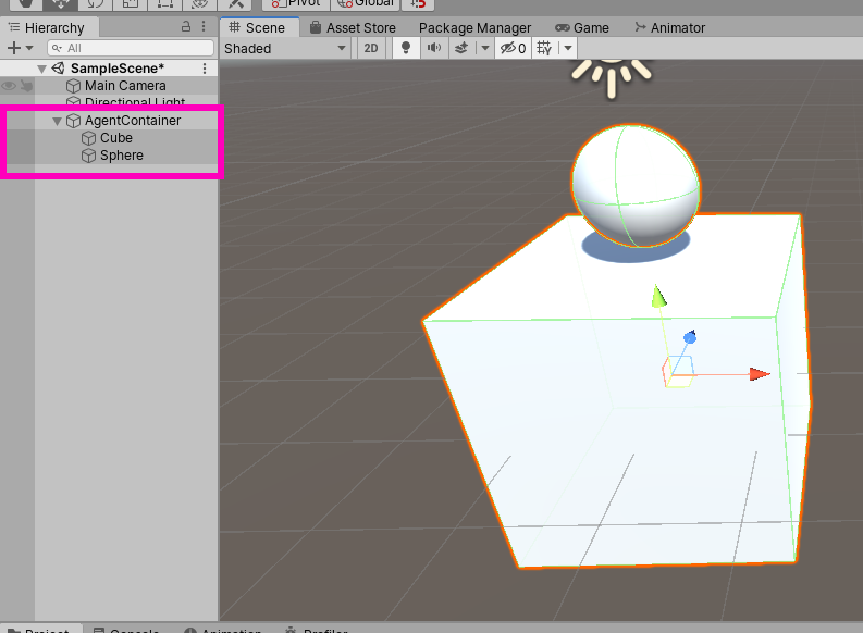 Agent container with cube and sphere