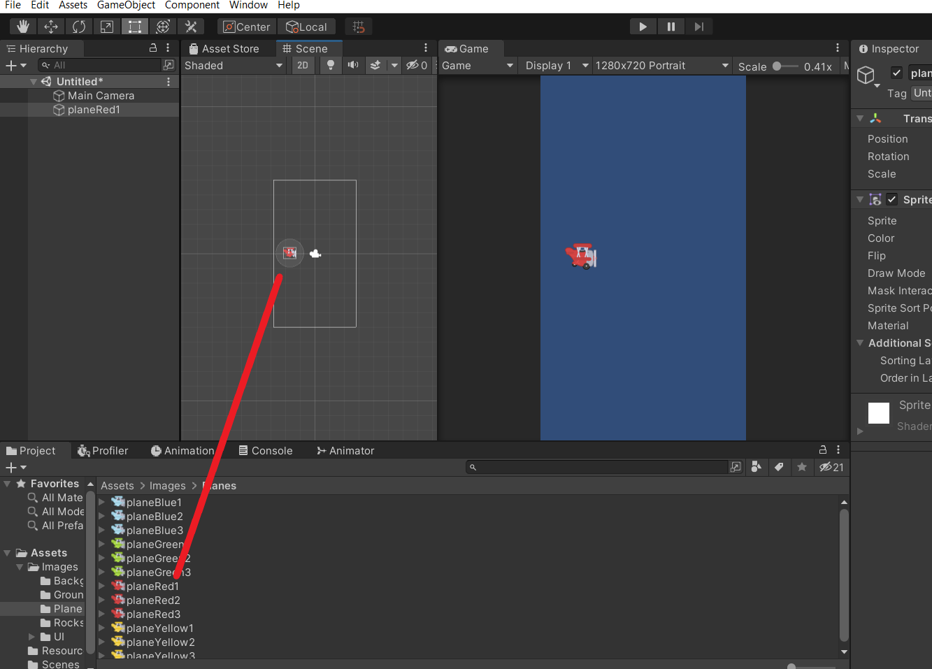 Dragging the airplane sprite directly into the scene