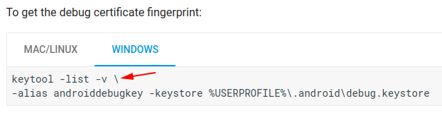 Command Prompt commands to get debug certificate fingerprint