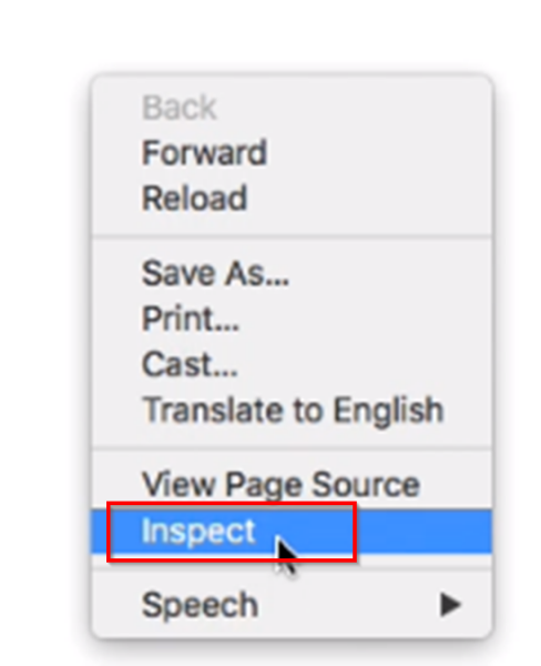 Right-click menu with Inspect in Chrome selected