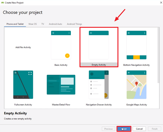 Android Studio project setup with Empty Activity selected