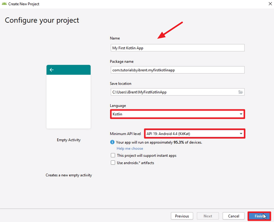 Android Studio configruation with Kotlin selected as language