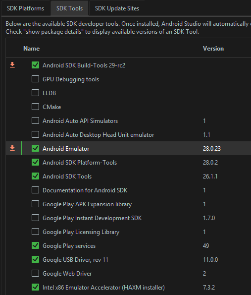 Selection of SDK Tools in Android Studio