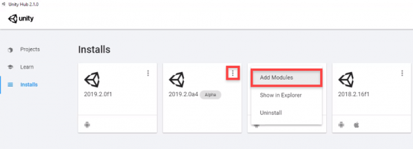 Unity Hub with menu showing Add Modules