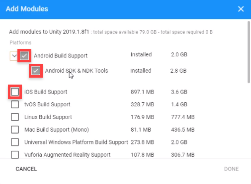 Unity Add Modules window with Android and iOS build support shown