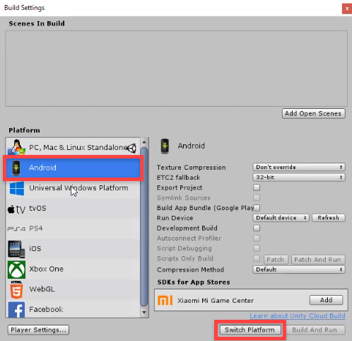 Unity Build Settings with Android selected for switching platforms
