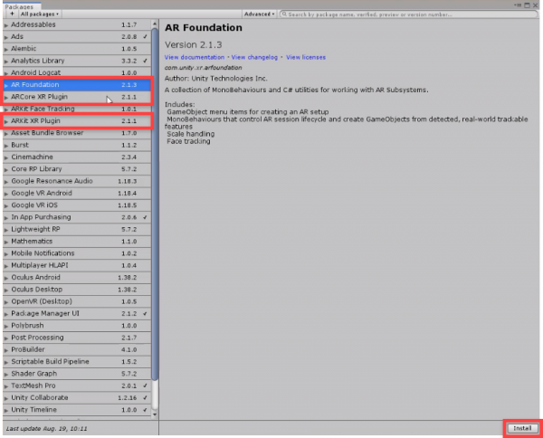 Unity Packages with AR Foundation, ARCore XR Plugin, and ARKit XR Plugin highlighted