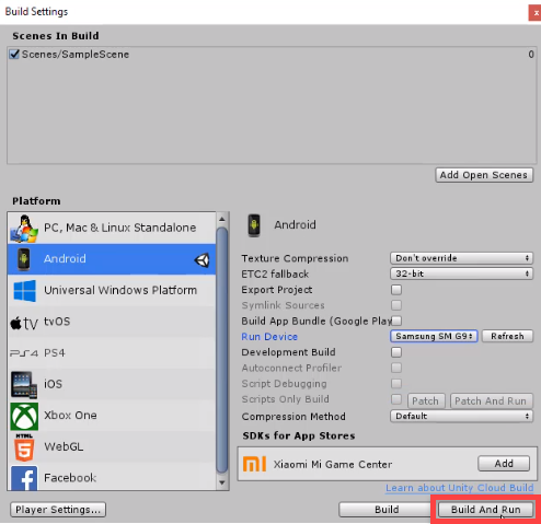 Unity Build Settings with Build and Run button selected