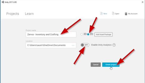 Unity 2017 2D project creation screen