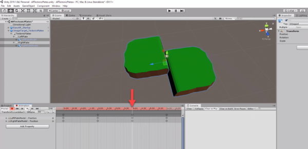 Unity animation timeline with arrow pointing to keyframes