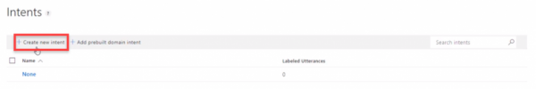 Azure Intents page with Create new intent highlighted