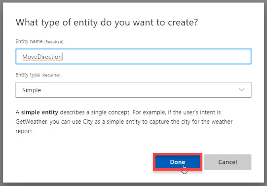 Entity creation window for move direction