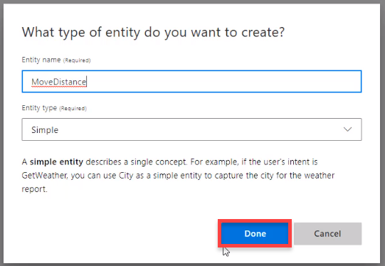 Entity creation window for move distance