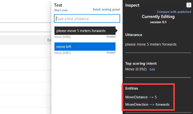 Azure LUIS Test results window