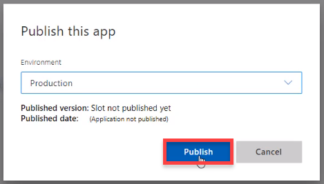 Azure Publish this app window