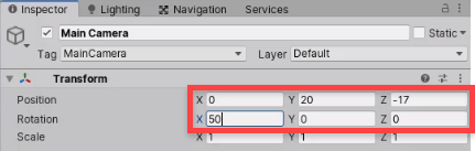 Unity Transform component with position and rotation circled