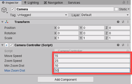 Unity Inspector with Camera Controller script