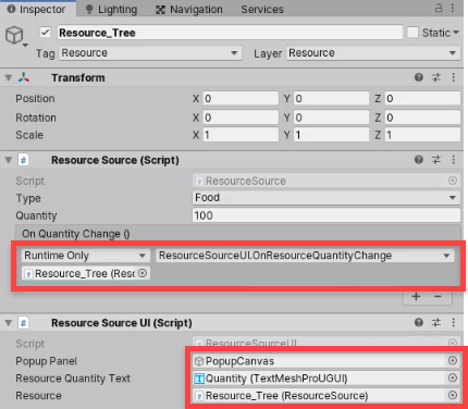 Unity Inspector with prefab assignments for script components