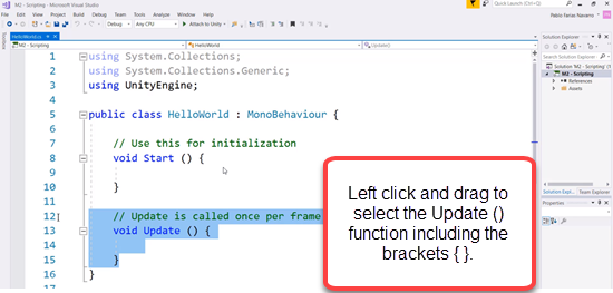 Unity Hello World script with Update method selected