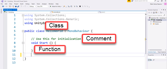 Unity script with class, comment, and function labeled